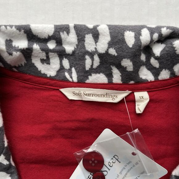 Soft Surroundings 2-PC Pajama Set Gray/White Flannel Animal Print Red Trim Sz 1X - Picture 10 of 15